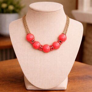 Charming Charlie Chunky Gold Tone Dark Salmon Pink Bauble Statement 18" Necklace